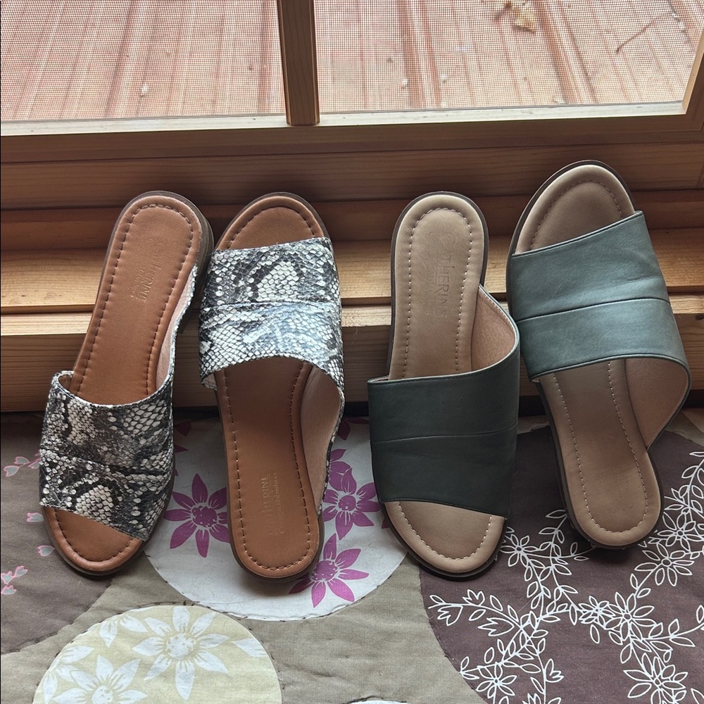 Catherine Malandrino Two-Pair Slide Set — Snake Print & Olive